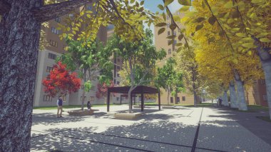 3D Illustration of an apartment plaza