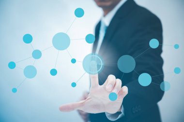 Bir medya ekranının ekran simgesi, İletişim ve pazarlama simgesi konseptiyle Teknoloji İşletmesi Dokunmatik Ekranı.