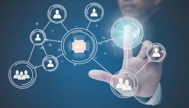 Büyük veri ağı öğrenme ve karanlık arkaplan, yapay zeka teknolojisi, yenilik ve fütüristik veriler üzerine, Yapay Zeka Dokunan İşadamı (AI).