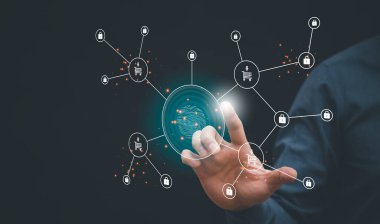 Bir medya ekranının grafik ekran simgesi, internetteki iş dokunuşu. yeni teknoloji büyük veri ve iş süreci stratejisi, otomatik işletim, müşteri hizmetleri yönetimi, çevrimiçi pazar konsepti
