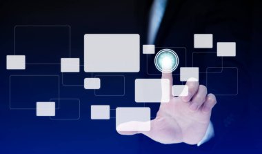 Büyük veri ağı öğrenme ve karanlık arkaplan, yapay zeka teknolojisi, yenilik ve fütüristik veriler üzerine, Yapay Zeka Dokunan İşadamı (AI).