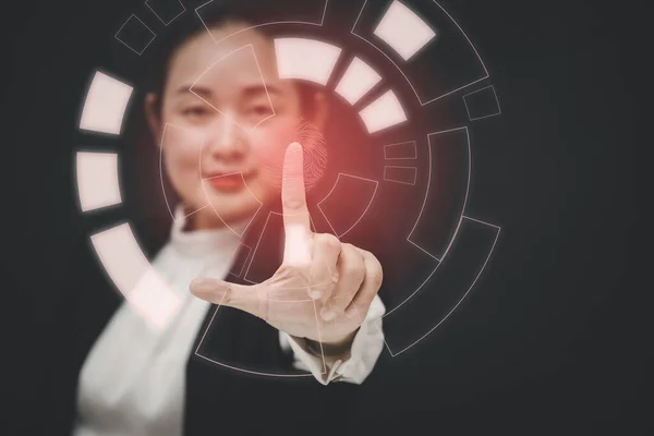 Businesswoman Touching Graph Screen Icon Media Screen Technology Process System — Stock Photo, Image