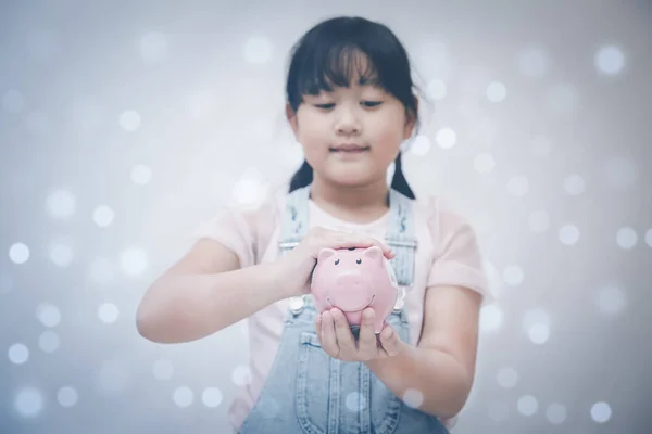Little Child Holding Piggy Bank Line Graph Screen Icon Media — Stockfoto