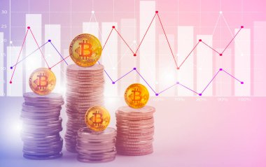Bitcoin dijital büyüme fütüristik iş grafiği hisse senedi piyasası finansal büyüme konsepti ile altın Bitcoins merdiveni ön plan arkaplanda.
