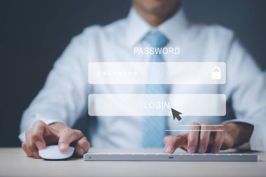 Güvenlik şifresi girişi çevrimiçi konsept Eller yazma ve giriş sosyal medya kullanıcı adı ve parolası, akıllı telefonla çevrimiçi bir banka hesabına giriş yap, hacker 'dan veri koruması