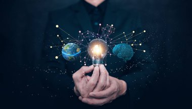 Küresel YZ ve bilgi ağı konsepti dijital beyni, bağlı veri düğümlerini ve dünya çapında bilgi alışverişini gösteriyor. Gelişmiş bilgisayar ve gelecekteki küresel teknolojiyi temsil ediyor.