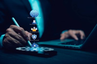 İş verimliliği için güvenli belge iş akışı, bulut güvenliği ve dijital teknoloji sistemine sahip yapay zeka veri işleme.