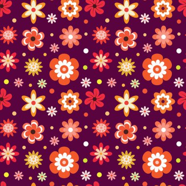 Kırmızı, turuncu sarı, beyaz çiçekler ve koyu arkaplanda noktalar olan eski moda harika çiçeksiz desenler. Tekstil, ev dekorasyonu, ambalaj kağıdı ve moda baskısı için harika. 