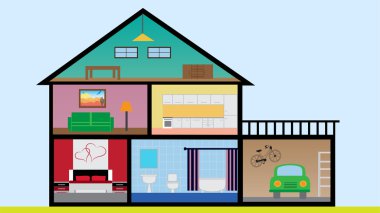 Düz tasarım evi Odaları, yatak odası, oturma kök, banyo, garaj, mutfak ve loft ile