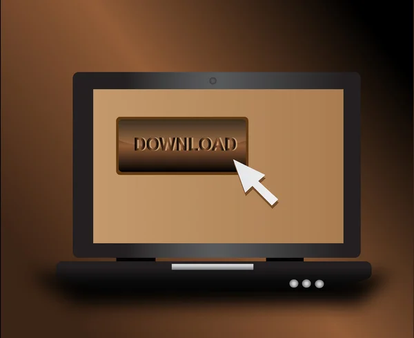 Laptop con icona di download con sfondo marrone e oro — Vettoriale Stock
