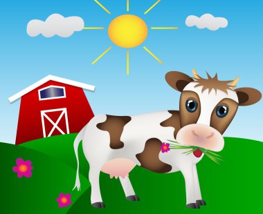 Çayır çiftlik ve güneş üzerinde mutlu inek