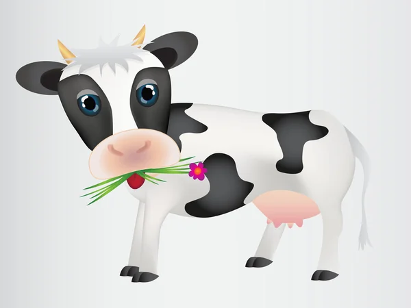 Schattige koe met groene gras en bloemen — Stockvector
