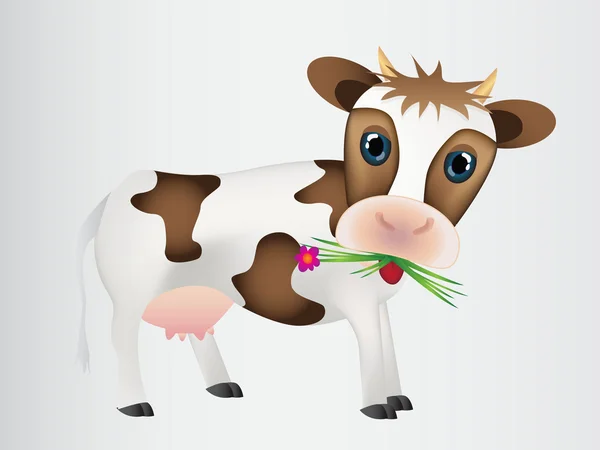 Мила корова з зеленою травою і квіткою — стоковий вектор