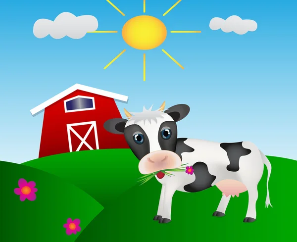 幸せな牛ファームと太陽との牧草地 — ストックベクタ