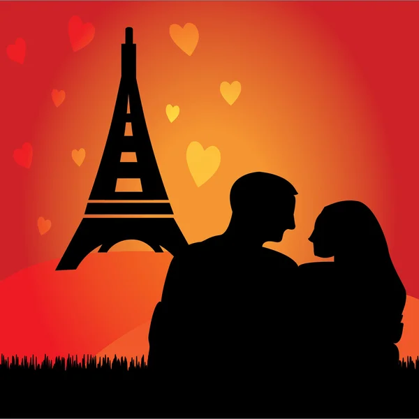 Pareja romántica con torre Eiffel en Francia — Vector de stock