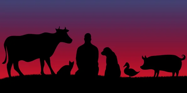 Веганський чоловік з друзями тварини з кольоровим фоном — стоковий вектор