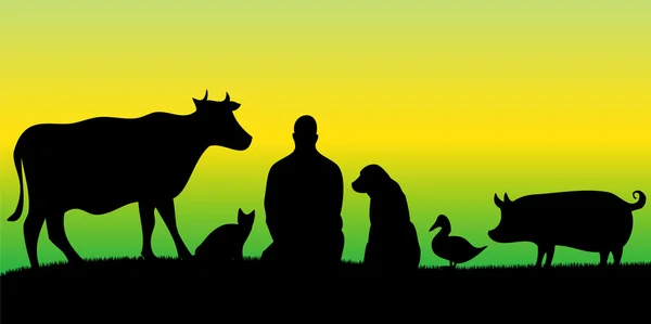 Vegan man met vrienden dieren met achtergrondkleur — Stockvector