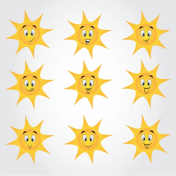 Linda colección de soles con emoticonos felices — Vector de stock