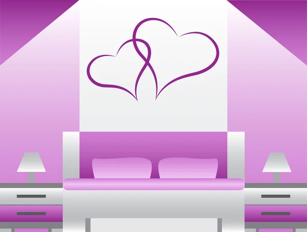 紫の寝室ベッドと壁に飾り — ストックベクタ