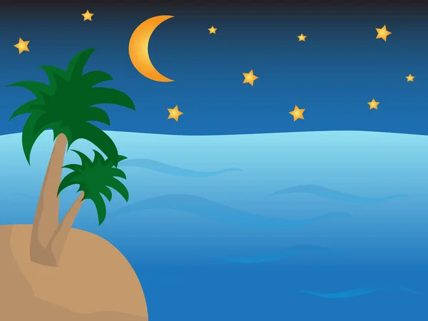 Mar con isla y palmeras en la noche con luna y estrellas — Vector de stock