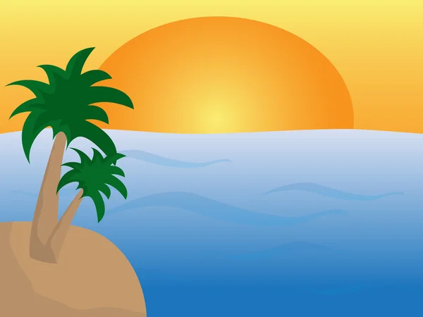 Mar con isla y palmeras con puesta de sol — Vector de stock