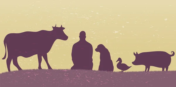 Silhouettes de femme avec de nombreux animaux rétro — Image vectorielle