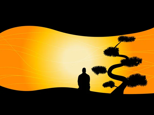 Silhouette eines Mannes, der unter Bonsai sitzt — Stockvektor
