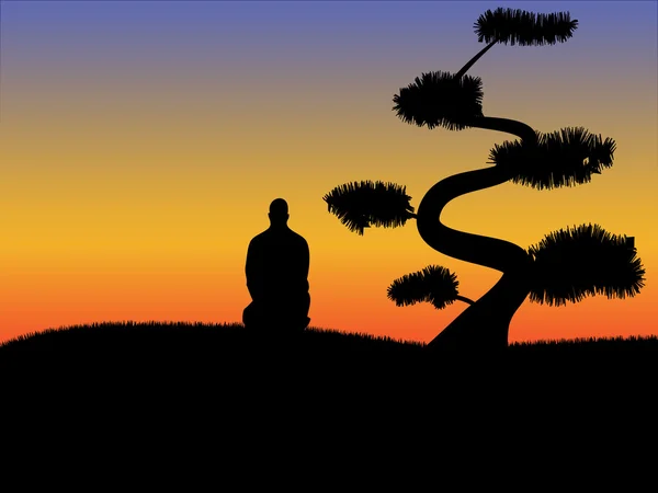 Silhouette of man sitting under bonsai tree — Stock Vector