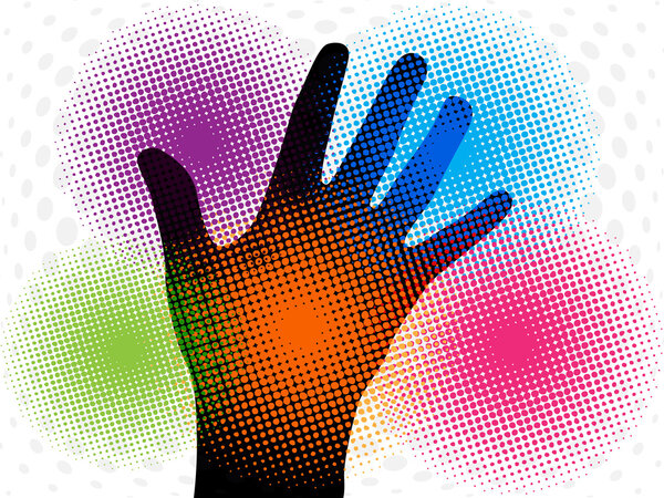 Silhouette of hand with colorful halftone abstract effect