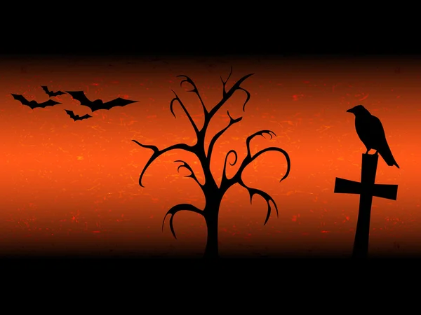 Scarry halloween background with sillhouette old tree, cross, raven and bats — Stock Vector