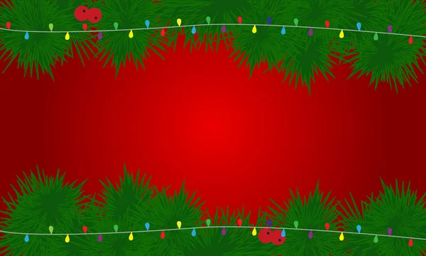 Fondo rojo navideño con pino y bombillas — Vector de stock