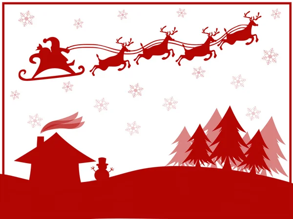 Red silhouette of Santa Claus with reindeer flying over village — Stock Vector