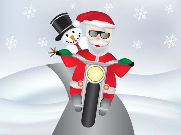 Üzerinde kar taneleri ile motosiklet serin Noel Baba ile kardan adam