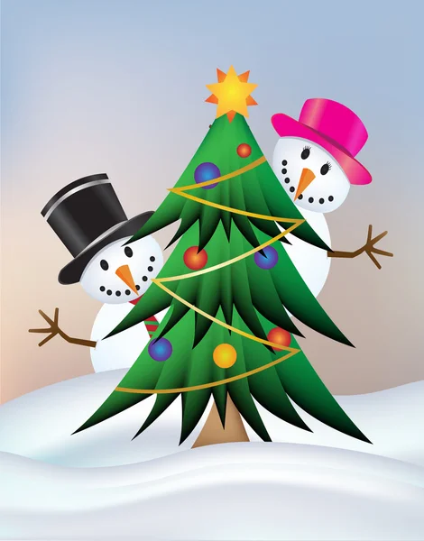 雪人夫人和雪人与圣诞树可爱的男孩 — 图库矢量图片