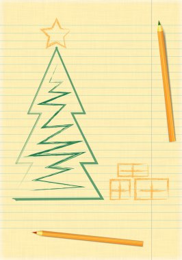 Noel ağacı ile kalem kağıt sayfasında defterlerimiz