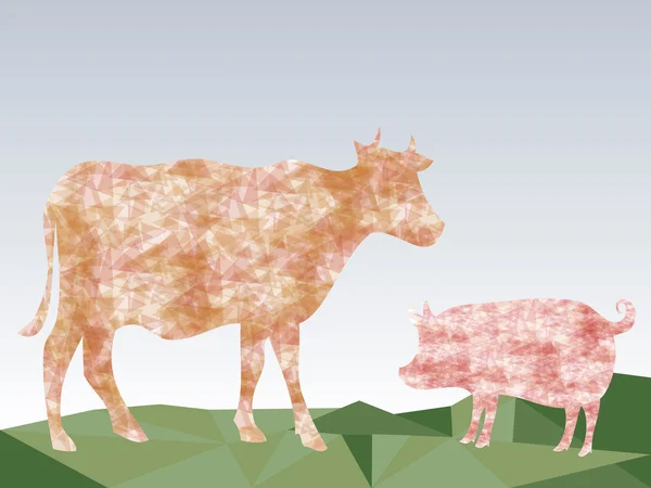 Красива корова і свиня на лугових трикутниках абстрактний фон — стоковий вектор