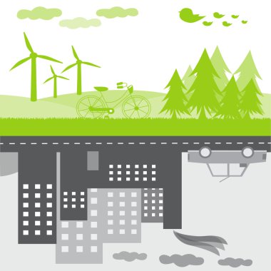 Ağaçlar ve kirli kirliliği şehir araba ile temiz doğa