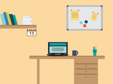 Retro düz tasarım ofisi masa ve laptop ve birçok iş malzemeleri