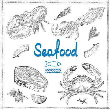 Elle çizilmiş deniz ürünleri