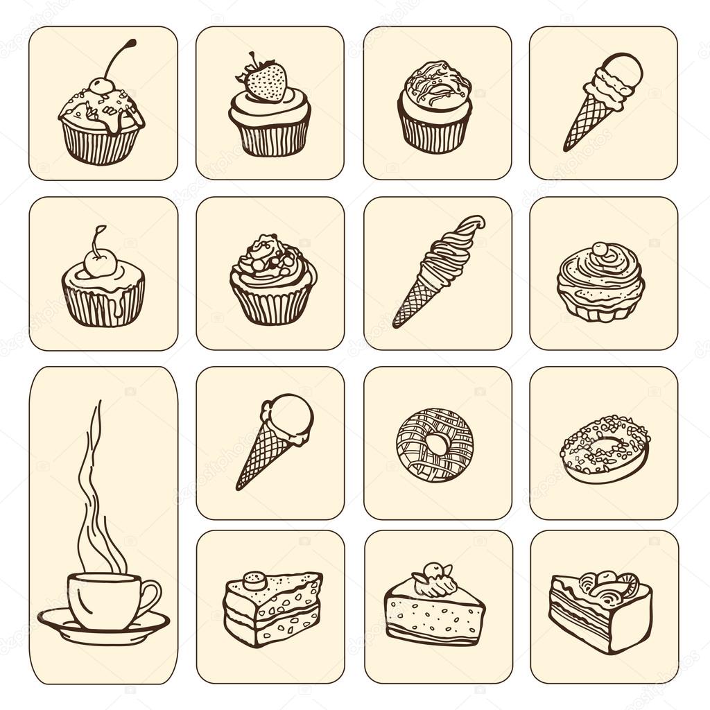 Cakes and dessert icons set, sweets icons.