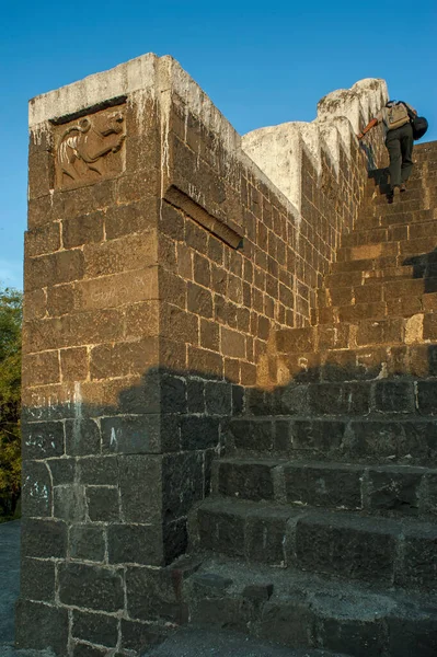 Steinplatten Auf Solapur Forts Wand Und Treppe Maharashtra Indien — Stockfoto