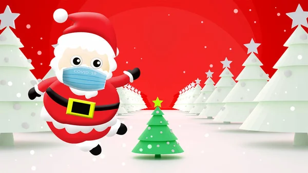 メリークリスマスサンタとともにFacemaskフェイスマスクコロナウイルス 3Dイラスト — ストック写真