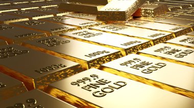 3D görüntü. Altın külçeleri ya da külçeler. Mali, küresel dünya ekonomik veya ticari mal piyasası kavramı.