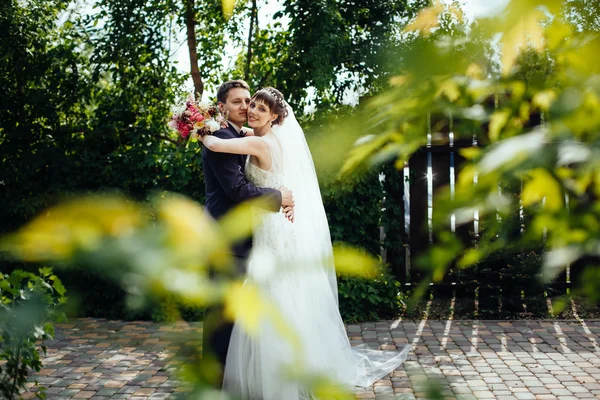 Copule de casamento. Bela noiva e noivo. Apenas feliz. Fechar u — Fotografia de Stock