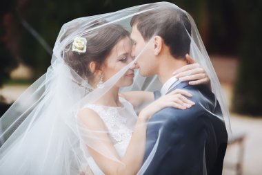 Düğün çifti. Güzel gelin ve damat. Yeni evli. Yakın u