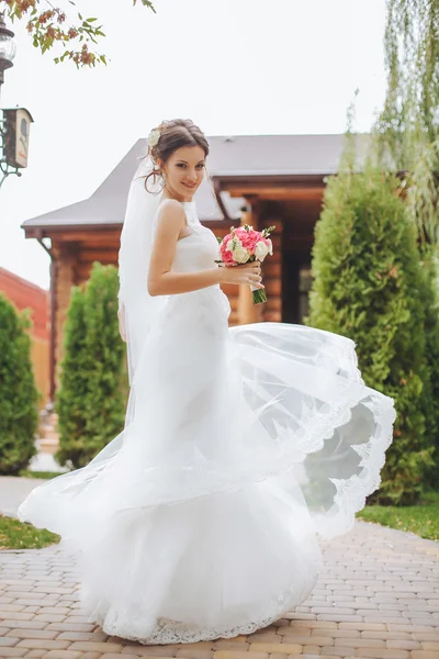 Ritratto di bella sposa con bouquet di nozze isolato a gre — Foto Stock