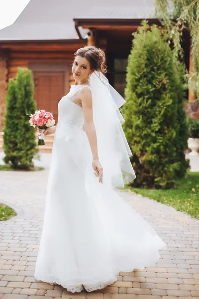 Ritratto di bella sposa con bouquet di nozze isolato a gre — Foto Stock