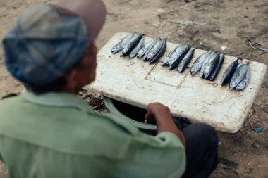 Müşteriler bir ahır taze balık Selling.Fishmonger bekler 