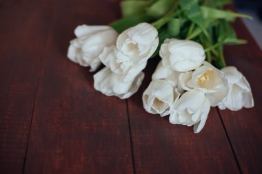 Beyaz Laleler koyu ahşap masa üzerinde. Kopyalama yeri olan Üstten Görünüm 