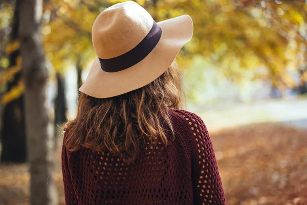 Rear view of brunette girl in autumn / fall park in brown hat, swe — стоковое фото